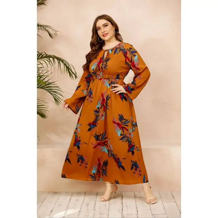

Long sleeve floral print women's clothing plus size casual dresses