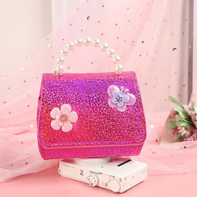 

Princess style fashion tote bag little girls mini handbags pearl handle kids bling clutch purse 2021