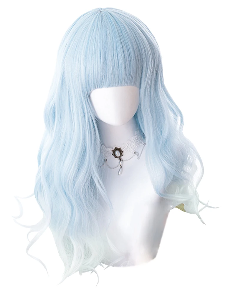 

Sky Blue Gradient White Green Long Big Wave Synthetic Hair Wigs Sweet Lolita Japanese Cute Cosplay Party Natural Wigs, Pic showed