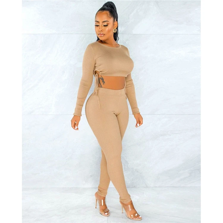 Hot Sale Bodycon Knit Drawstring Stretchy Pants Crop Top 2 Piece Set Women Two Piece Set Women Clothing