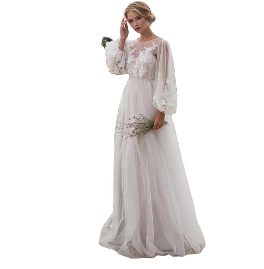 

Sweet Long Sleeve Round Neck Puff Sleeve Mesh Embroidered Wedding Bridal Gown White Lace Fabric Evening Dress For Women