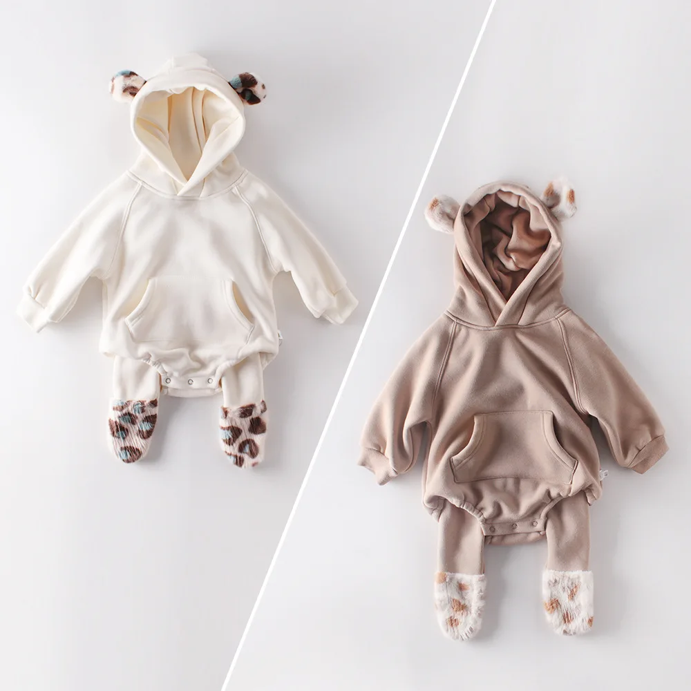 

Ins 2020 winter plush ears newborn baby clothes baby hooded connects body ha climb clothes and hair thickening