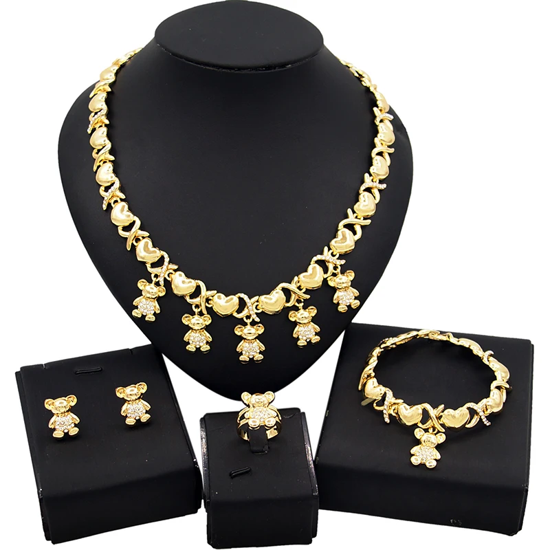 

Yulaili New Fashion Shaped Teddy Baby Bear Jewelry Set Cute Gold Plated Necklace Bracelet Earring Ring Jewellery Sets X0051