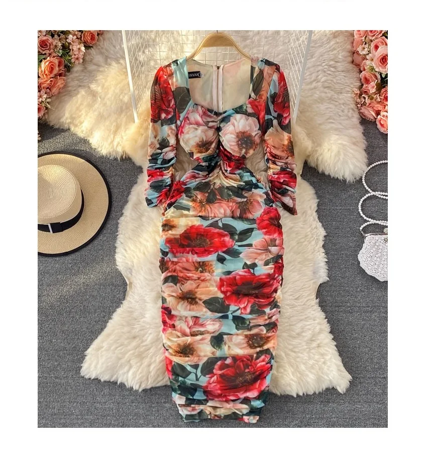 

summer new Square Collar grace temperament evening rose floral print Gauze Pleat elastic force sheath dress for women