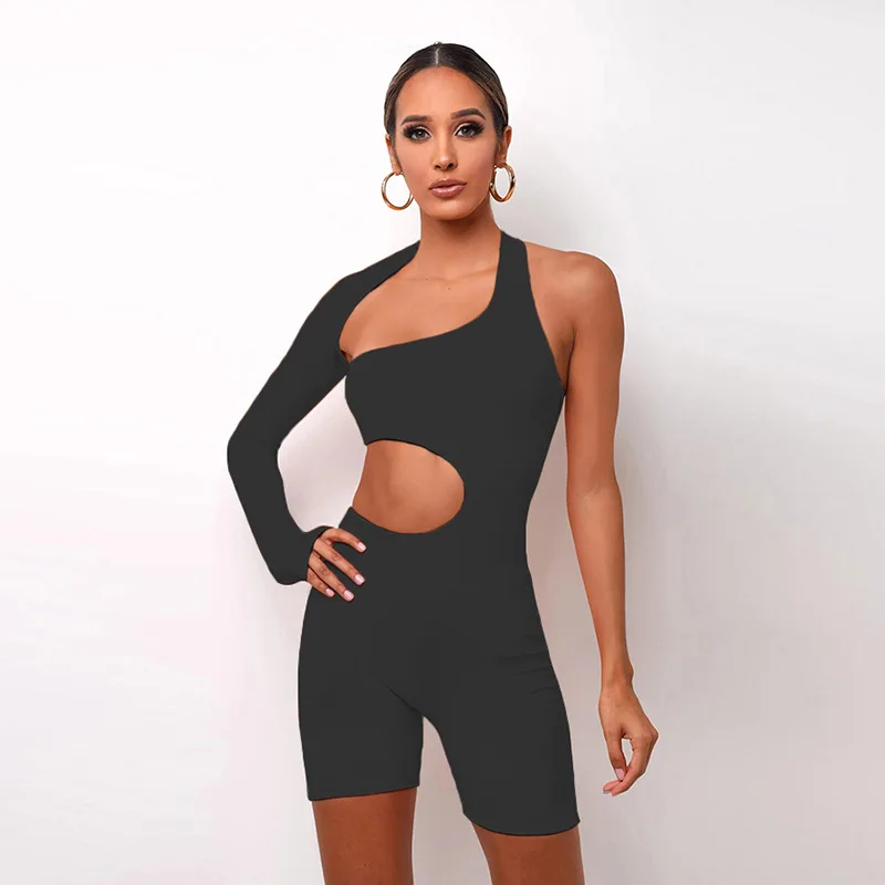 

Skinny Fitness Womens Bodysuits Asymmetrical Solid Colors Jumpsuit Elastic High Waist Women One Piece Jumpsuits Rompers, Black,khaki