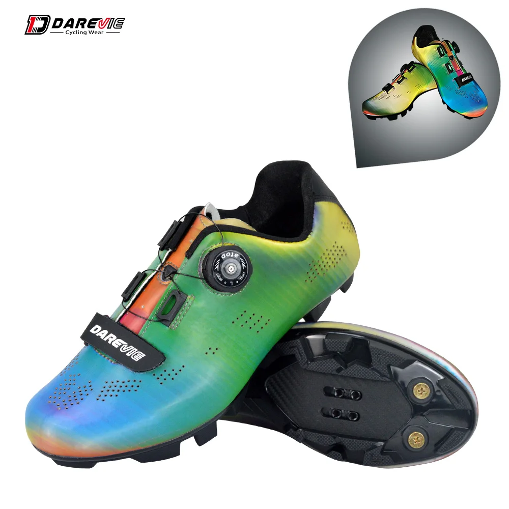 

2019 Darevie Newest rainbow Chameleon reflective MTB cycling shoes for men Mountain Bike self-locking Shoes SPD Cycling Shoes, 3d rainbow colorful