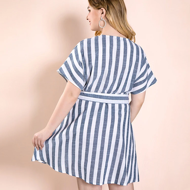 
Cotton And Linen Fabric Extreme Blue V-Neck Stripe Women Summer Casual Dress Plus Size Dress 
