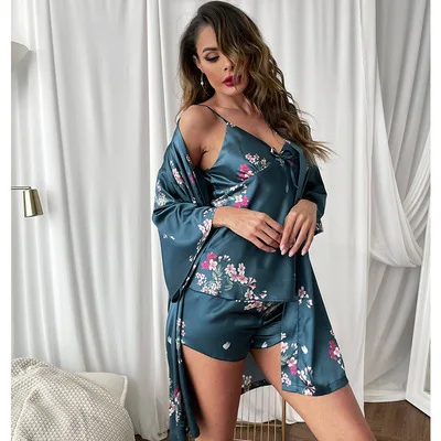 

Ice silk pajamas, summer suspenders, shorts and robes for women, a three-piece home suit, Picture shows