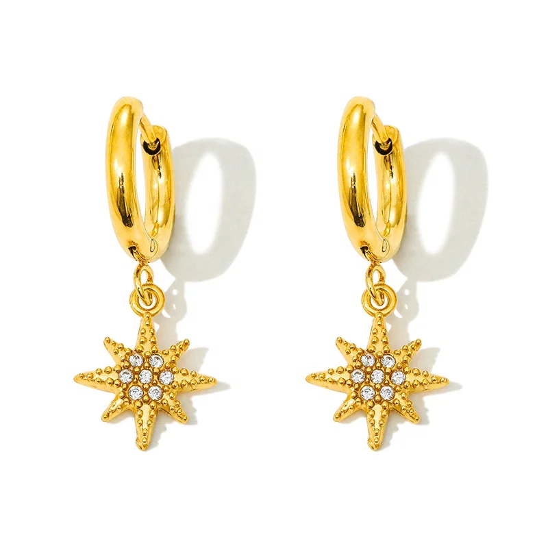 

Non Tarnish Gold Plated Jewelry 18K Gold Plated Hypoallergenic Cubic Zirconia Inlay Stars And Moon Charm Drop Earrings
