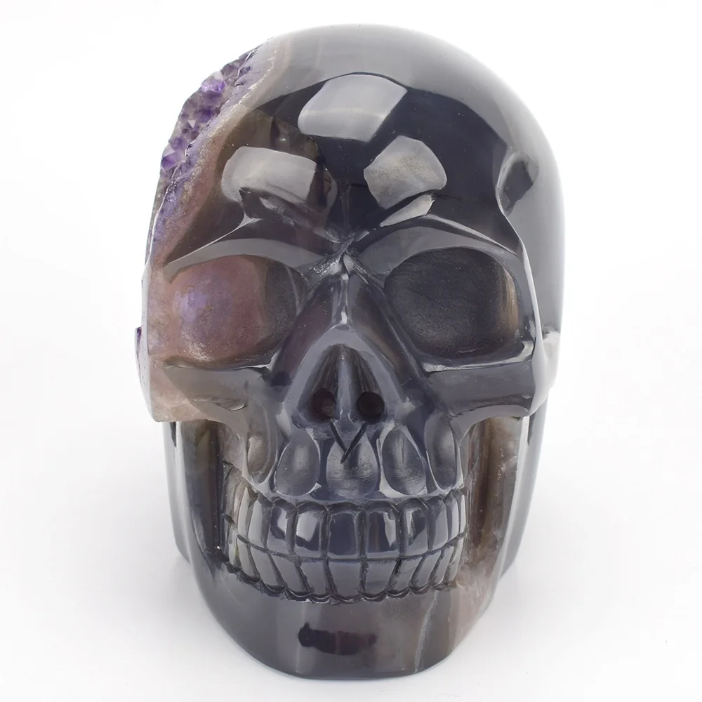 
Natural Mineral Semi Precious Stone Hand Carved Realistic Agate Amethyst Geode Crystal Skull 