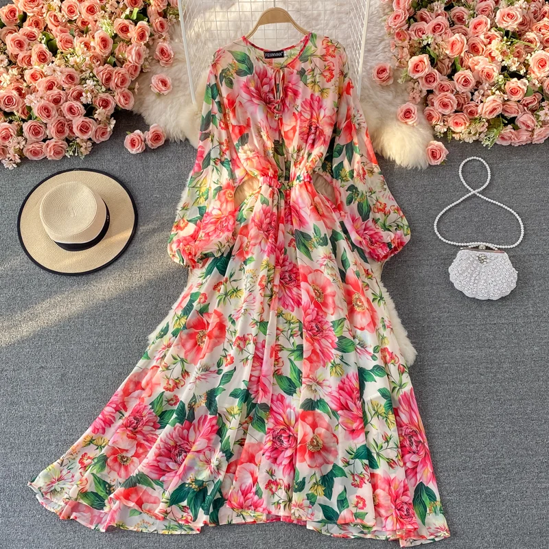 

Summer Round Neck Long Sleeve Printed Vacation Style Chiffon Elegant Long Dresses