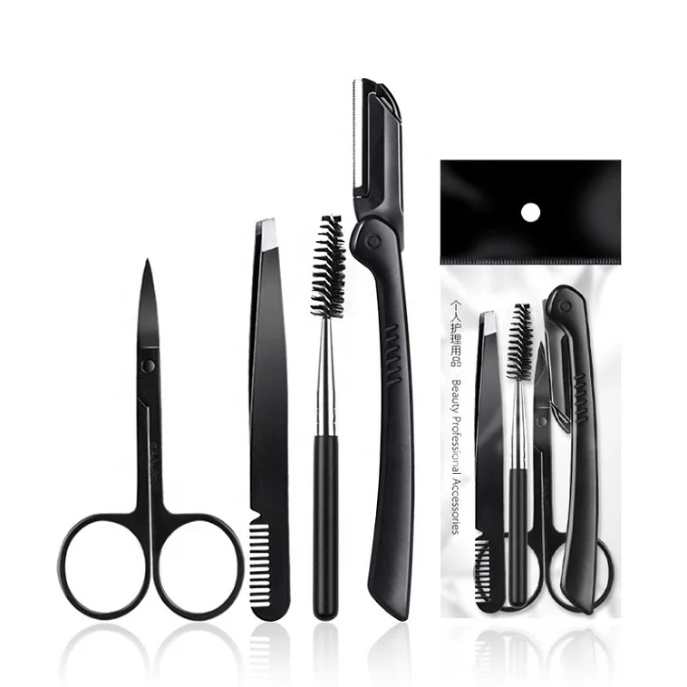 

Black 4pcs Eyebrow Beauty Makeup Tools Set Eyebrow Knife Razor Scissors Clip Eyelash Clip Scraping Eyebrow tweezers with comb, According to options