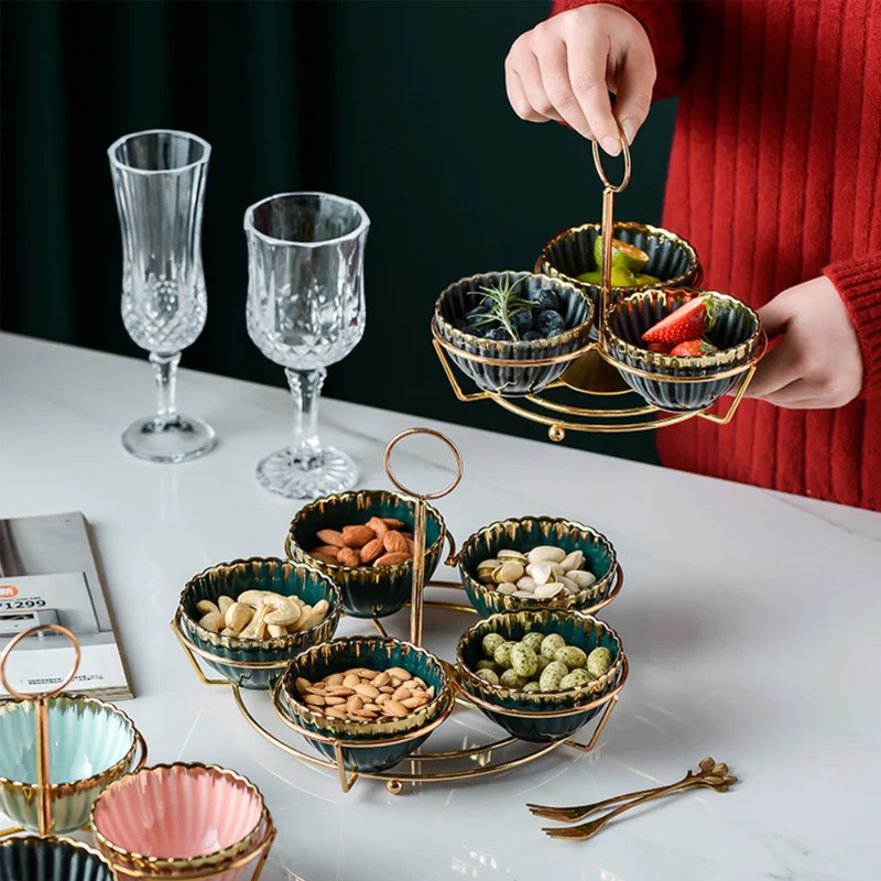 

Wholesale Luxury Dried Fruit Snack Sauce Ceramic Bowl With Iron Frame, Green