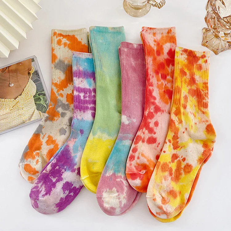 

New Products Korean Version Wild Japanese Handmade Splash Ink Painting Color Tie Dye Tube Party Dress Crew Socks, Customized color