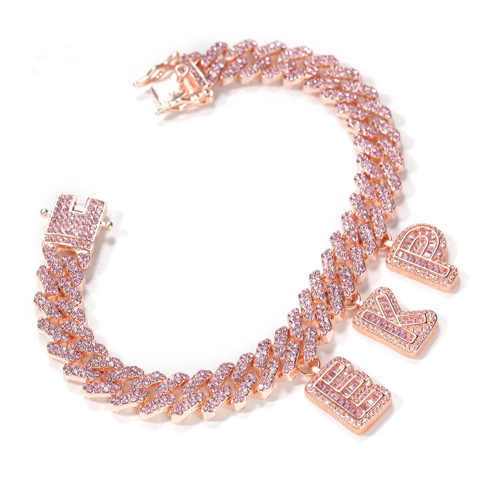 

pink colour rose gold plated Icy Miami Beguette customised cuban link my Letter name necklace vendors