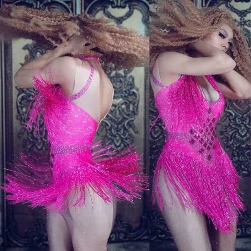 

Sparkly Rhinestone Tassel Bodysuit Nightclub Dance DS Show Stage Wear Stretch Party Outfit Female Singer Dance Costume