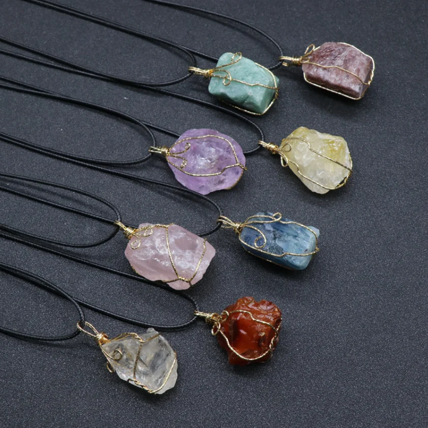 

Rough Citrine/Amethyst/Fluorite/Aventurine Irregular Stone Wrapped Pendant Necklace Jewelry