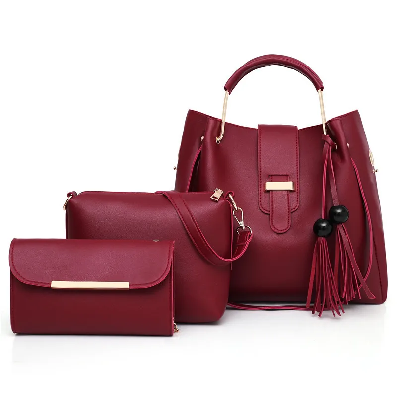

Fashion Tote Purse Tassel Large Capacity Casual Tote PU Women pu Leather shoulder 3pcs handbag Set, 6 colors