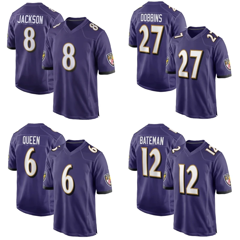 

Custom Men's Baltimore City Stitched American Football Jersey custom Discount Raven Purple uniform 8# Jackson 27 Dobbins 6 Queen
