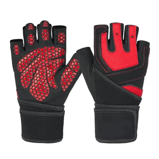 
Half Finger Gloves Padded Silicon Printed Palm Spandex Back for Weightlifting Fishing in Red Black for Men Women 