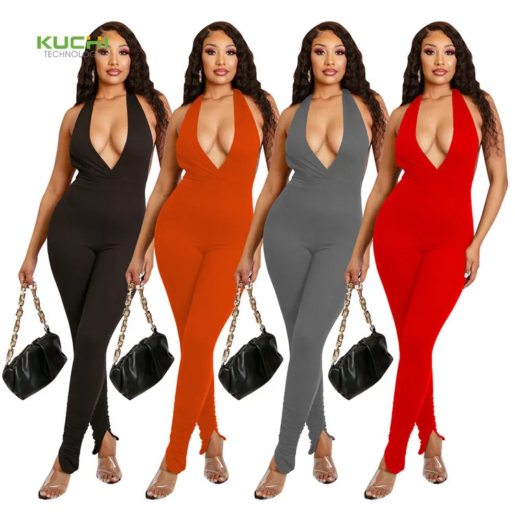 

kuchi new arrival fashion casual women sexy backless solid color halter folds pit bar jumpsuit