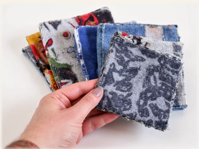 Hand holding fabric scrap coasters made from old t-shirts