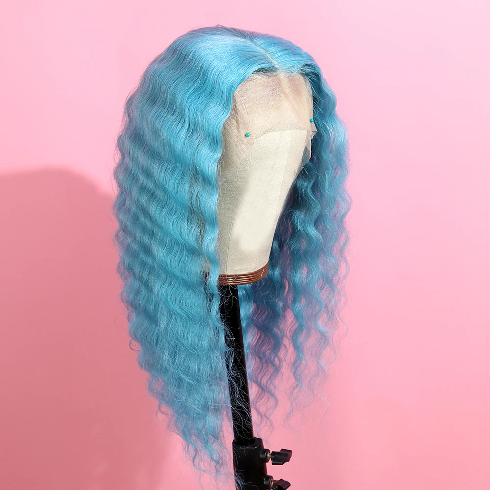 

New 2020 Brazilian Virgin Hair is a Deep Wave Lace Front Wig with a Dark Blue and Light Blue Lace Human Hair Wig for Women