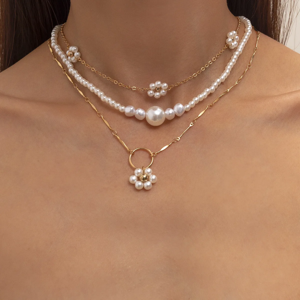 

DP 3pcs Vintage flower imitation pearl clavicle handmade necklace Geometric ring metal chain necklace women girl, Gold whitek