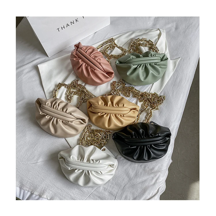 

Thick Chain Cloud Bags Soft PU Leather Pleated Purses and Handbags Women's Chest Bags Solid Color Clip Dumpling Bags Bolsas
