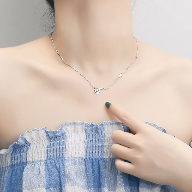 

925 Sterling Silver Childhood Paper Airplane Zircon Clavicle Chain Necklace Fashion Jewelry, Custom white/rose gold/yellow gold