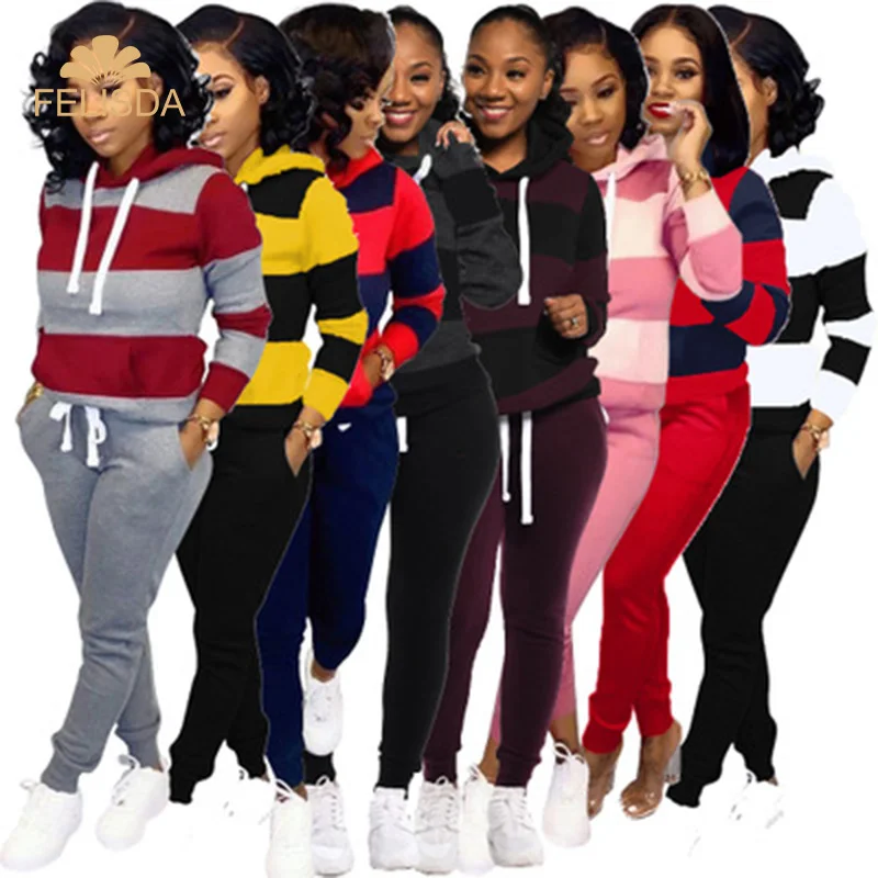 

New 8 Colors Striped Stitching Hooded Sweatshirt And Sashes Pants Suit Two Piece Jogger Set
