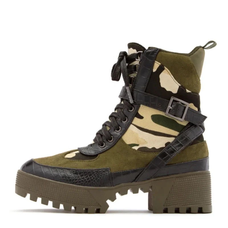 

2021 Camouflage Patchwork Chunky Heel Large Size 43 Women Ankle Boots Anti-slip Front Lace Up Thick Sole Short Booties For Lady, Leopard print camouflage
