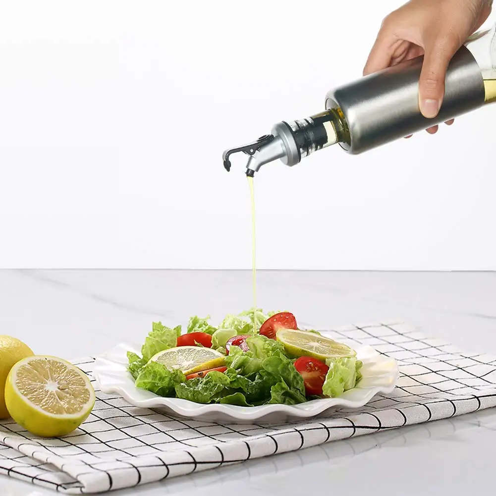 Olive Oil Bottle Premium Vinegar/Oil Dispenser Made of Stainless Steel and Glass for BBQ Bread Baking Salad Familybox Oil Bottle 400ML BPA-Free Kitchen Leakproof and Dishwasher Safe 