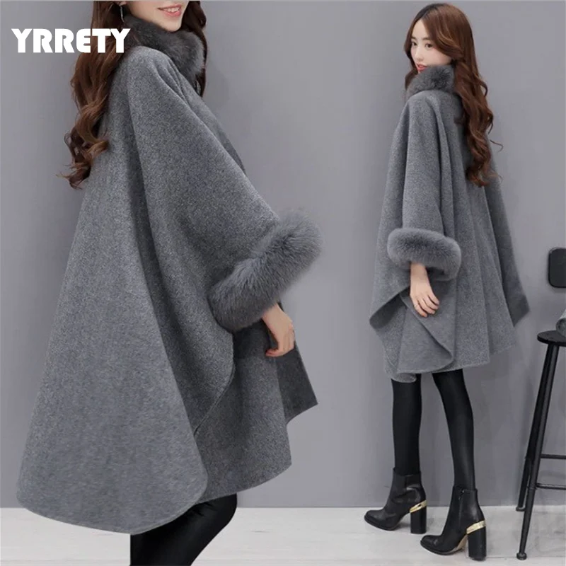 

YRRETY Winter Fur Coat Women Jacket Fox Fur Collar Mid-Length Woolen Large Size Batwing Fluffy Sleeve Warm Cape Pure Color, 3 colors