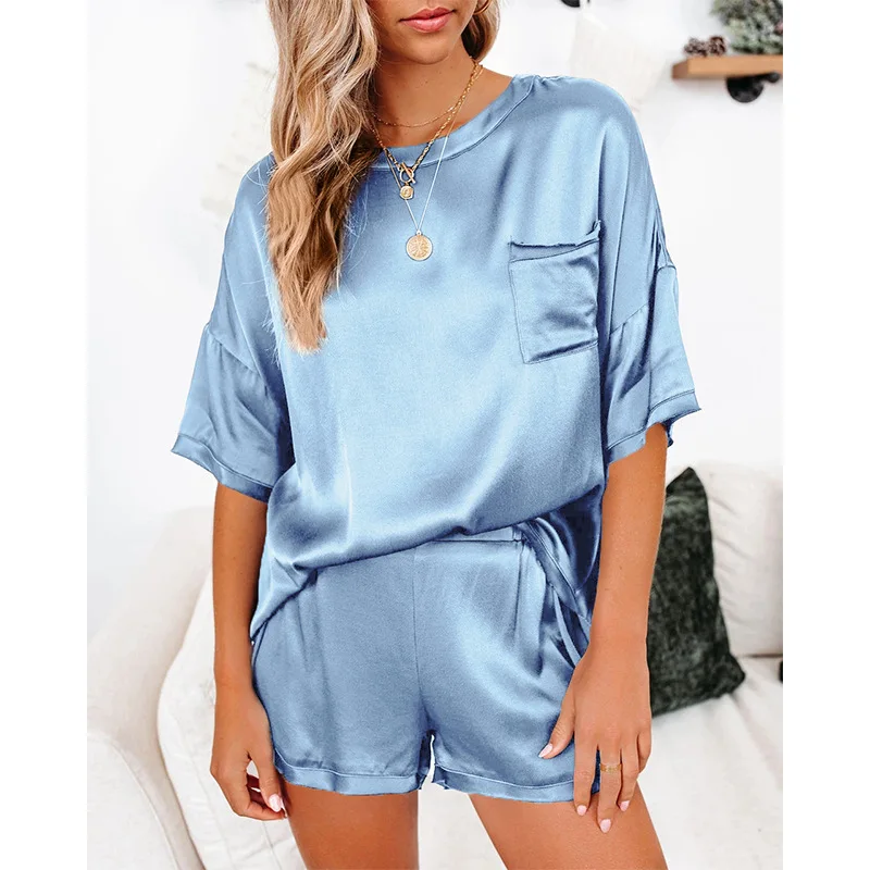 

50% Discount 2021 Summer Hot Sale Womens Silk Satin Sexy Cute Pajamas Short Two Piece Sets For Women, Accept custom color