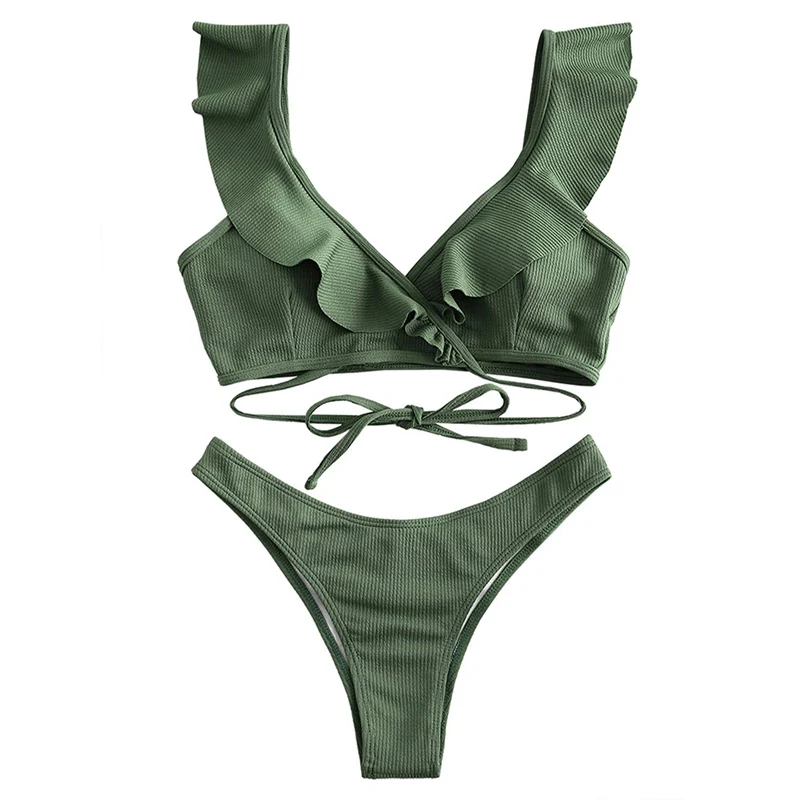 

Womens Ruffle Swimsuit Tie Knot Front Low Waist Bikini Sets Two Piece Swimwear Beachwear