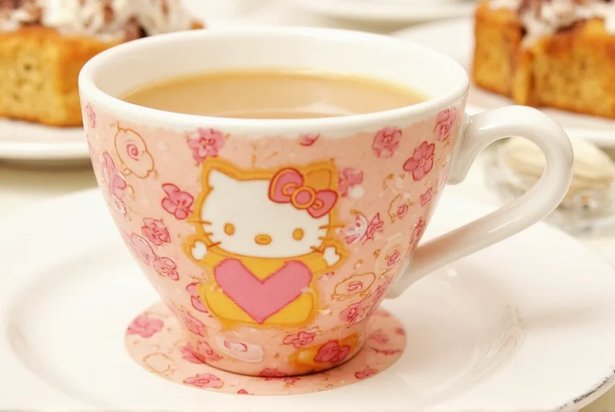 Hello Kitty cinnamon roll cup collection displayed on shelf with other Sanrio bakery-themed kitchen items, soft natural lighting