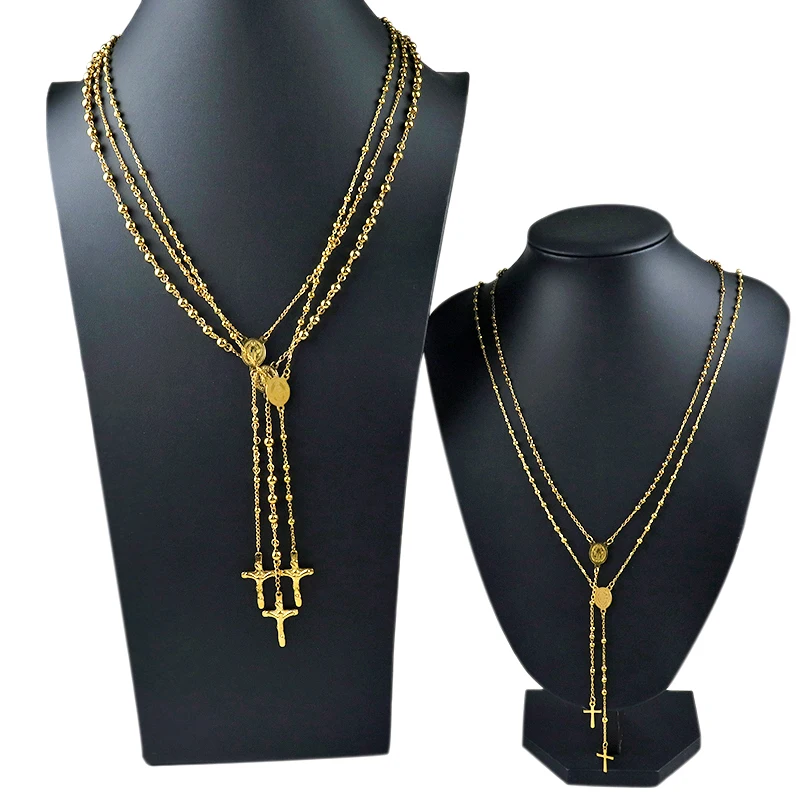 

2021 new cross pendant stainless steel glass crystal beaded necklace