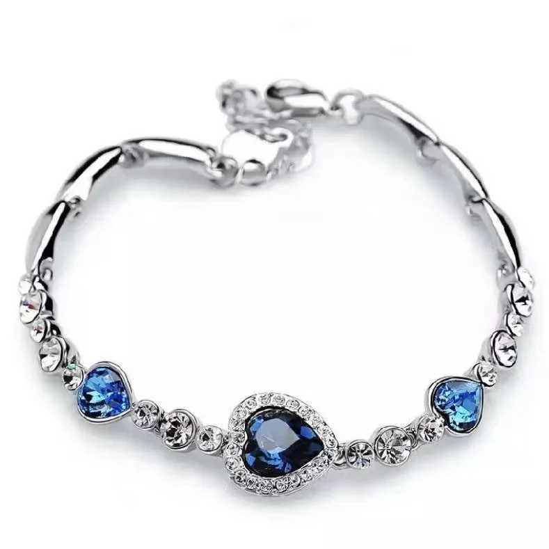 

Ocean Blue Crystal Rhinestone Bracelets For Women Heart Bangle pulseras mujer Gift fine jewelry armband