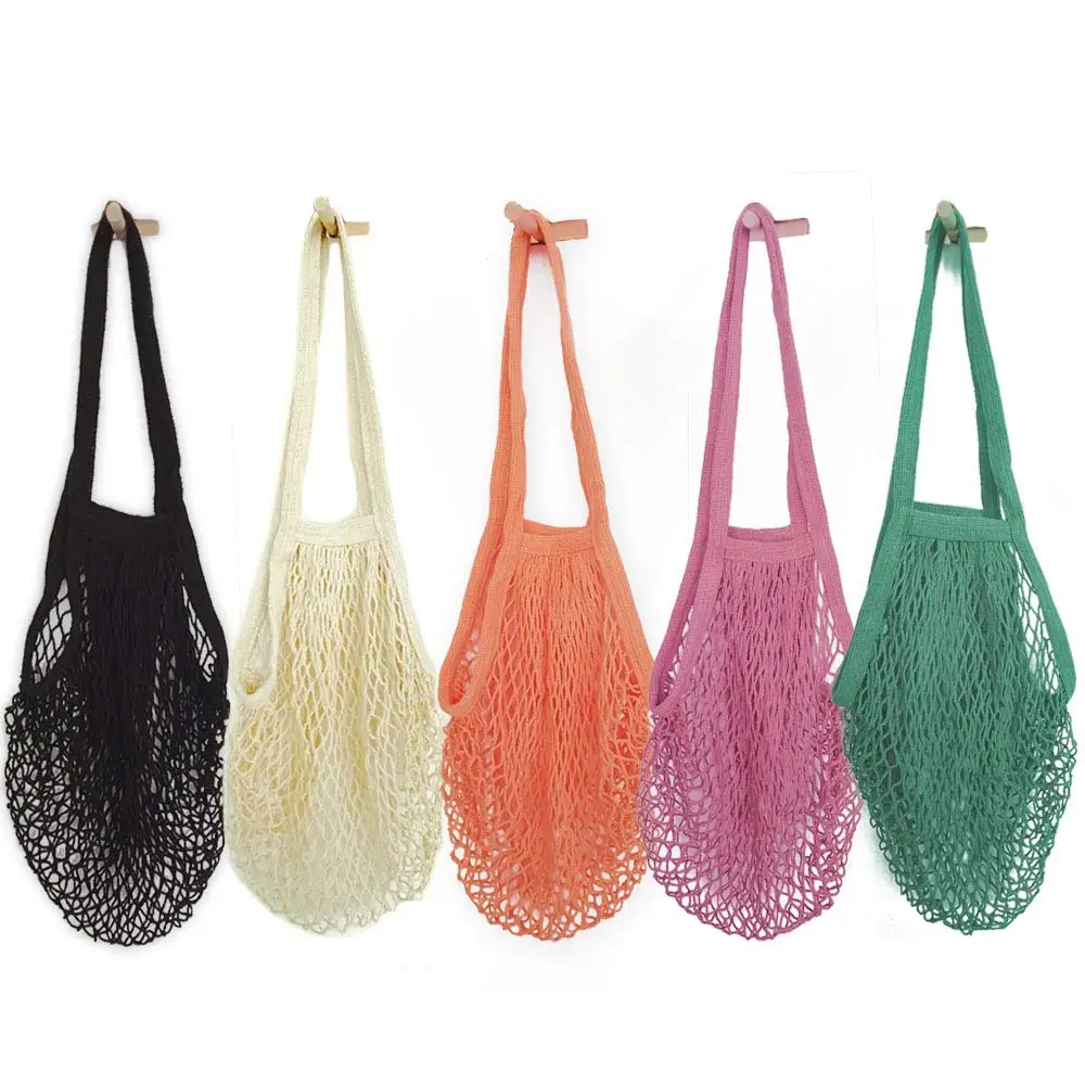 

Pack of 5 Portable/Reusable/Washable Cotton Mesh String Organic Organizer Shopping Handbag Mesh Handbag Long Handle