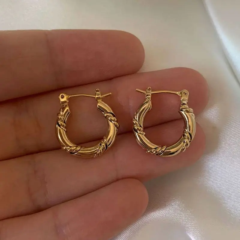 

women Hoop Earrings 18K Gold Plated Twist Tube Earring Stainless Steel Jewelry