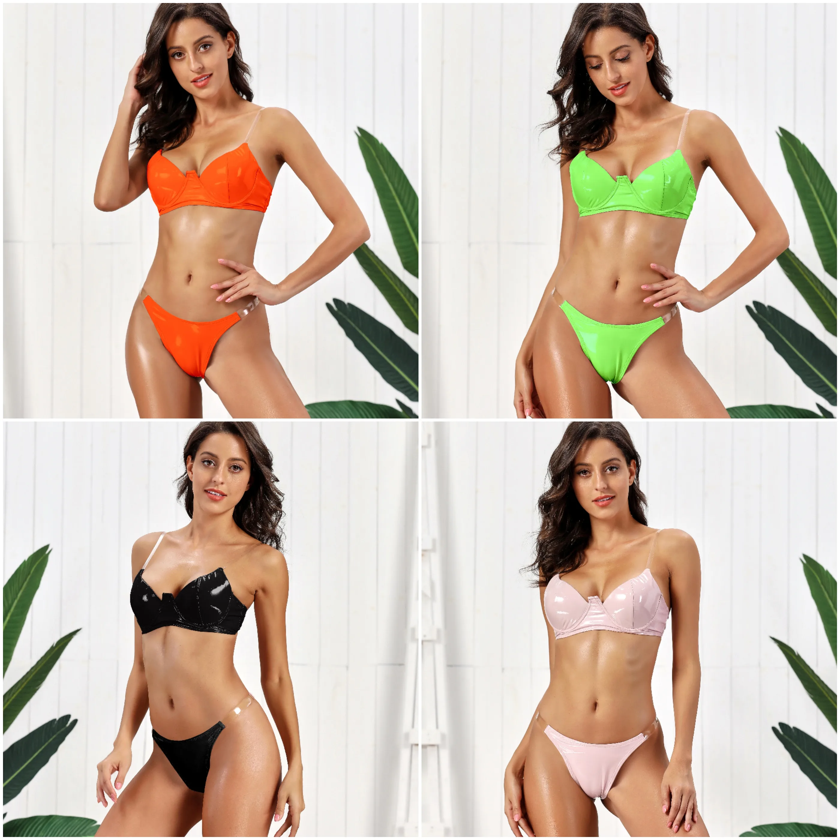 

Fast Delivery PU Leather Swimwear Women Bikini Solid Color Sexy Swimsuit Ring Beachwear, Customized color