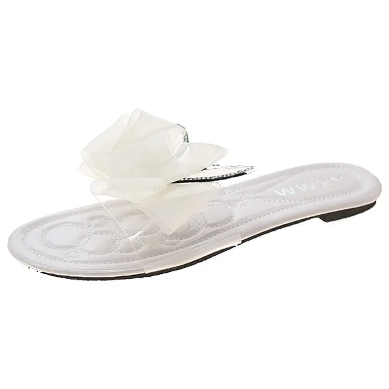

2021 New Arrival Summer Beach Casual Custom Slippers Bow Anti-Fall Solid Color Comfortable One Font Flat Slippers For Women