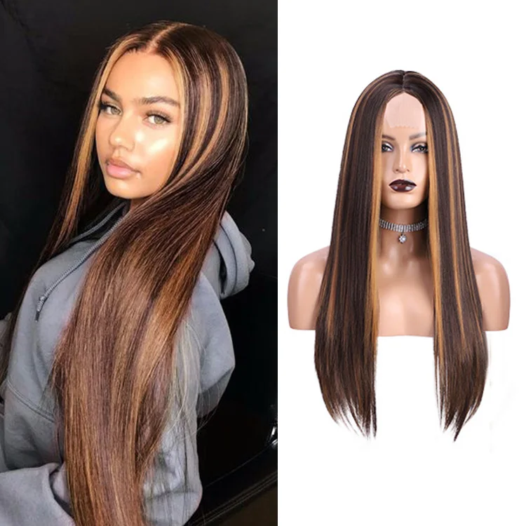 

Synthetic Blend Wig Extension Heat Resistant Ombre Long Straight Highlight Brown For Black Women Lace Front Synthetic Hair Wigs