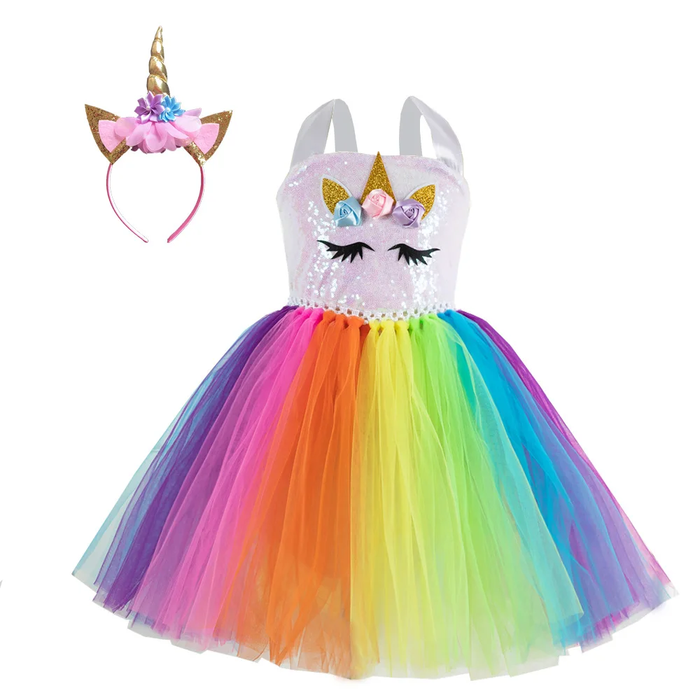 

High Quality 2021 halloween Kids Clothing rainbow unicorn Birthday Sleeveless nylon Knee-Length princess Party girls Dress, As shown