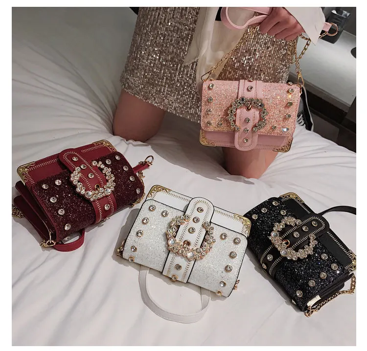 

Lady bags 2021 New Popular Sequins Small Square Bag Europe and America Fashion Texture Chain Ladies Bags Women Shoulder, White, wine red, black, pink