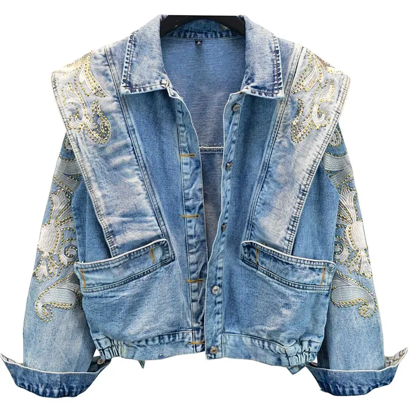 

Streetwear Jacket Women Retro Embroidered Hot Drill Denim Jacket Hip Hop Loose Rhinestone Jeans Jacket Short Denim Coat