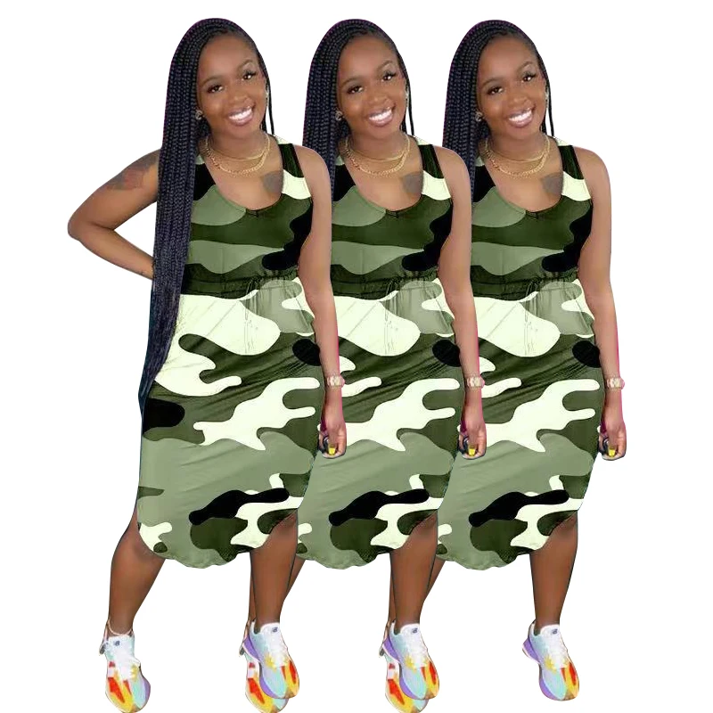 

2021 European and American fashion trend sexy camouflage sexy V-neck irregular BELT DRESS