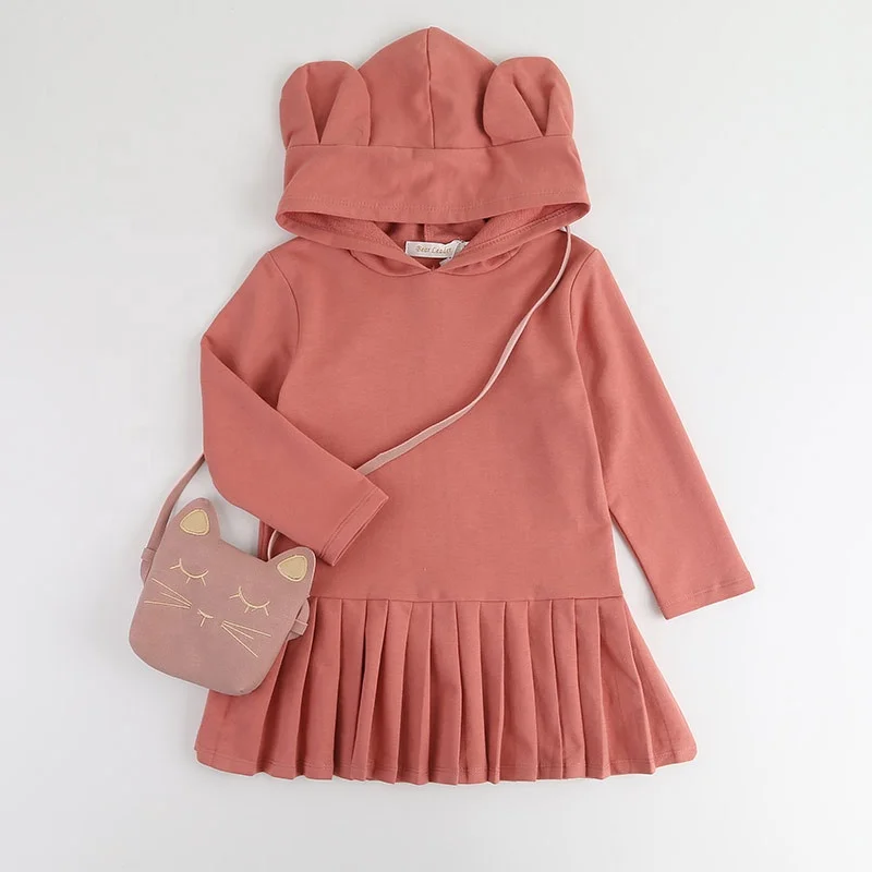 

B61951A Autumn foreign trade children's wear rabbit ears wear hat long sleeve girl sweater dress with pleats, Pink