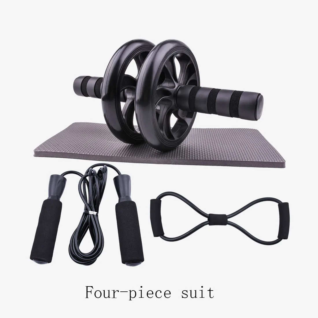 

Four-piece Black abdomen wheel set skipping rope tensioner weight loss training device mute abdominal wheel for male and female